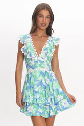 Charade Ruffle Shoulder Corset Back Dress Floral Green