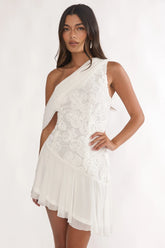 Anaisa One-Shoulder Draped Mini Dress Embellished Off White