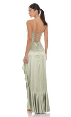 Satin Ruffle Maxi Dress in Sage