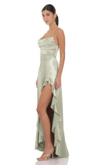 Satin Ruffle Maxi Dress in Sage
