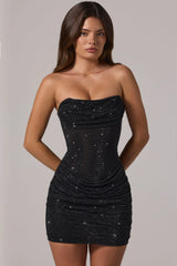 Embellished Bandeau Cowl-Waist Mini Dress in Black