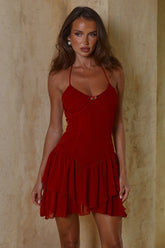 CLARA HALTER RUFFLE MINI DRESS - CHERRY