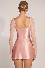 Long-Sleeve Draped Mini Dress in Blush Pink