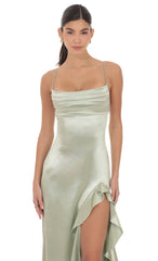 Satin Ruffle Maxi Dress in Sage